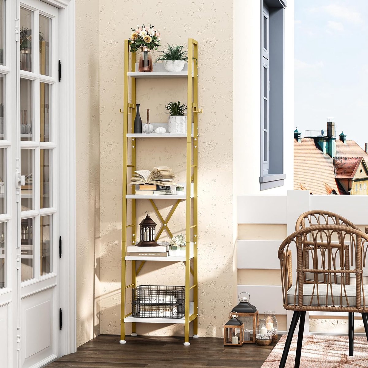 Goodivery ® Stijlvolle Vrijstaande Boekenkast met 5 Industriële Ladderschappen, Houten Planken en Metalen Frame voor Woonkamer, Hal en Kantoor