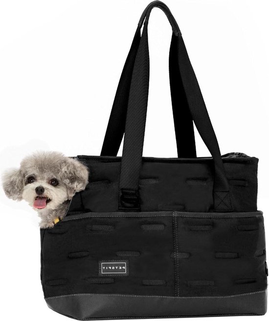 Hondentas, puppytas, draagtas voor kleine en middelgrote hond, kat, maat S, tot 5 kg, tas voor onderweg, hondendrager met karabijnhaak, transporttas, zwart