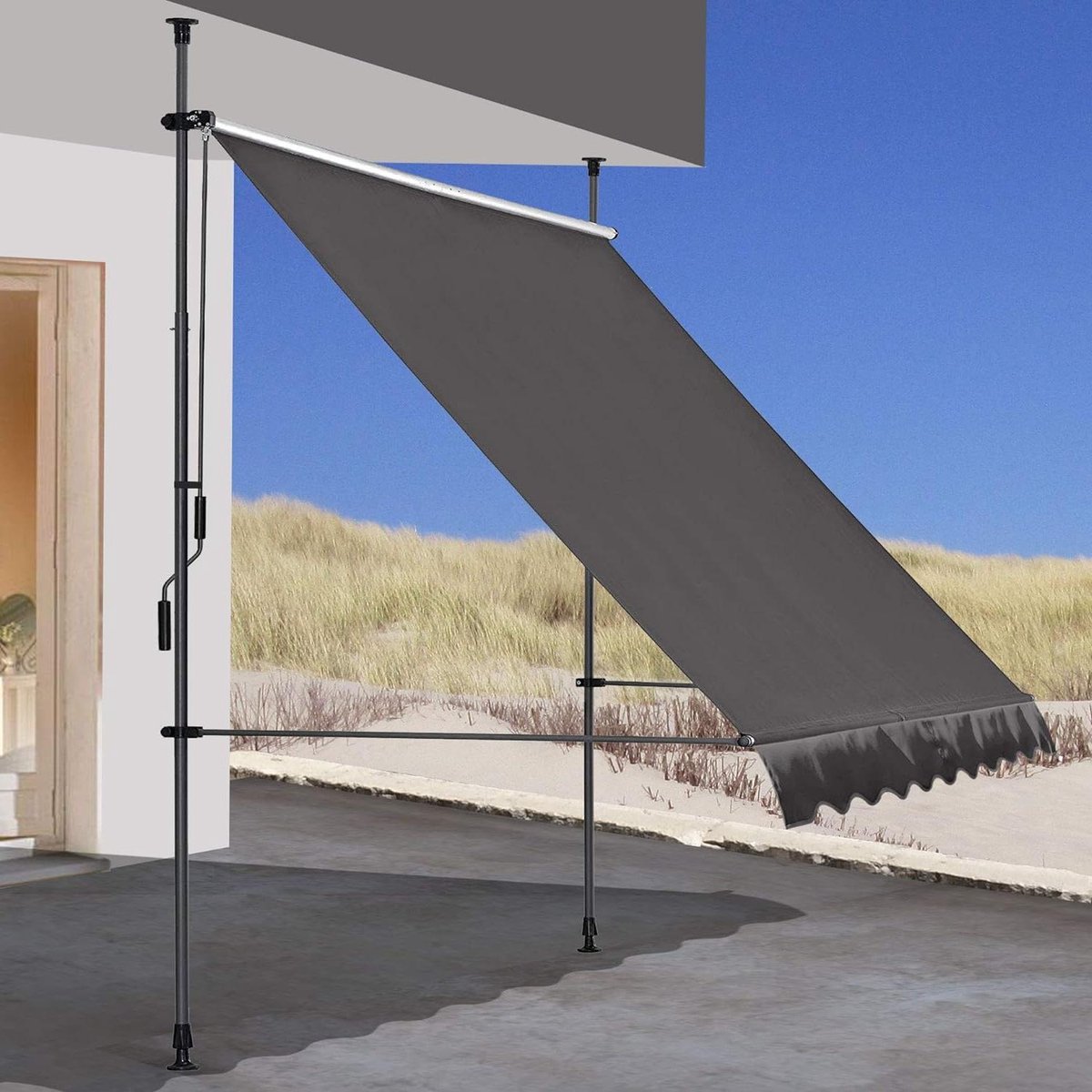 Balkon zonnescherm telescopische luifel 250x130cm Geen boren Klem intrekbare verstelbare grijs. Balkon zonnescherm zonder boren