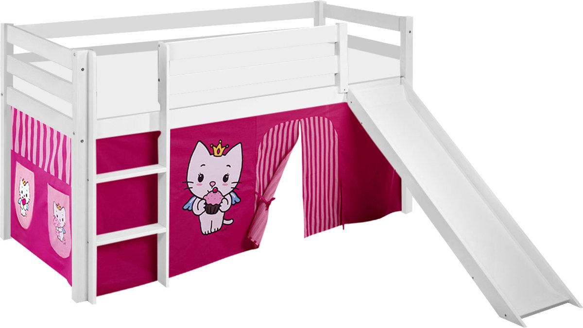 Maxbedden Halfhoogslaper JELLE Angel Cat Sugar met glijbaan Wit