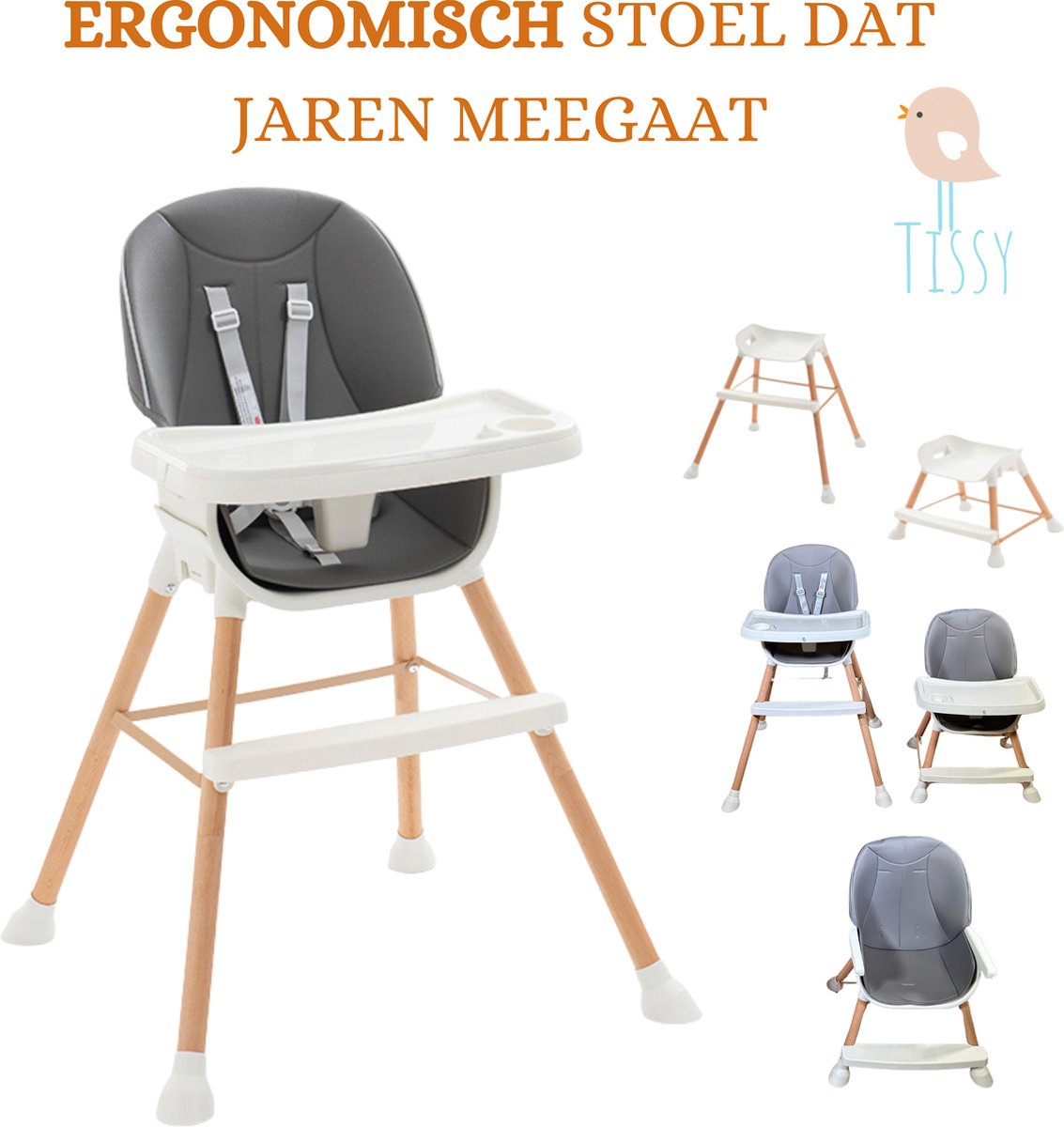 Tissy - Kinder eetstoel - Meegroei stoel - Innovatieve stoel - Ergonomisch - Kinderkruk - Eetstoel - Stoel - Clikk kinderstoel - Moderne Design Kinderstoel - Grijs