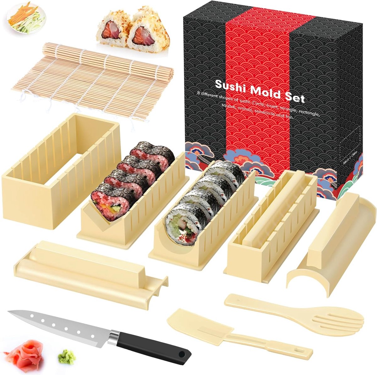 Complete Sushi Makerset Voor Beginners - 12-delige Kit Met Rijstrolvormen En Rolmat (Wit)