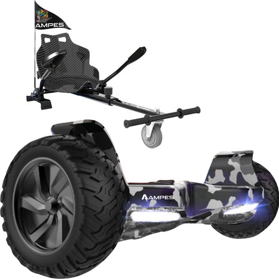 Ampes Hoverboard - Off Road Hoverboard - Bluetooth Speaker - 36V 4.0 Ah Accu - Oxboard - 15 km/h - UL2272 Gecertificeerd - LED Verlichting - Anti lek banden - Belastbaar tot 120KG - 8.5 Inch - Inclusief Draagtas - 800W - Camouflage + Hoverkart Carbon