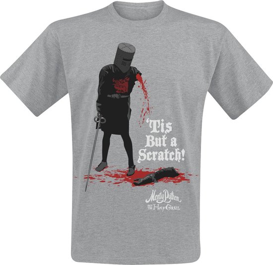 Grijs T-shirt met opdruk van de Zwarte Ridder uit Monty Python en de Heilige Graal, bloedend en met de tekst 'Tis But a Scratch!'