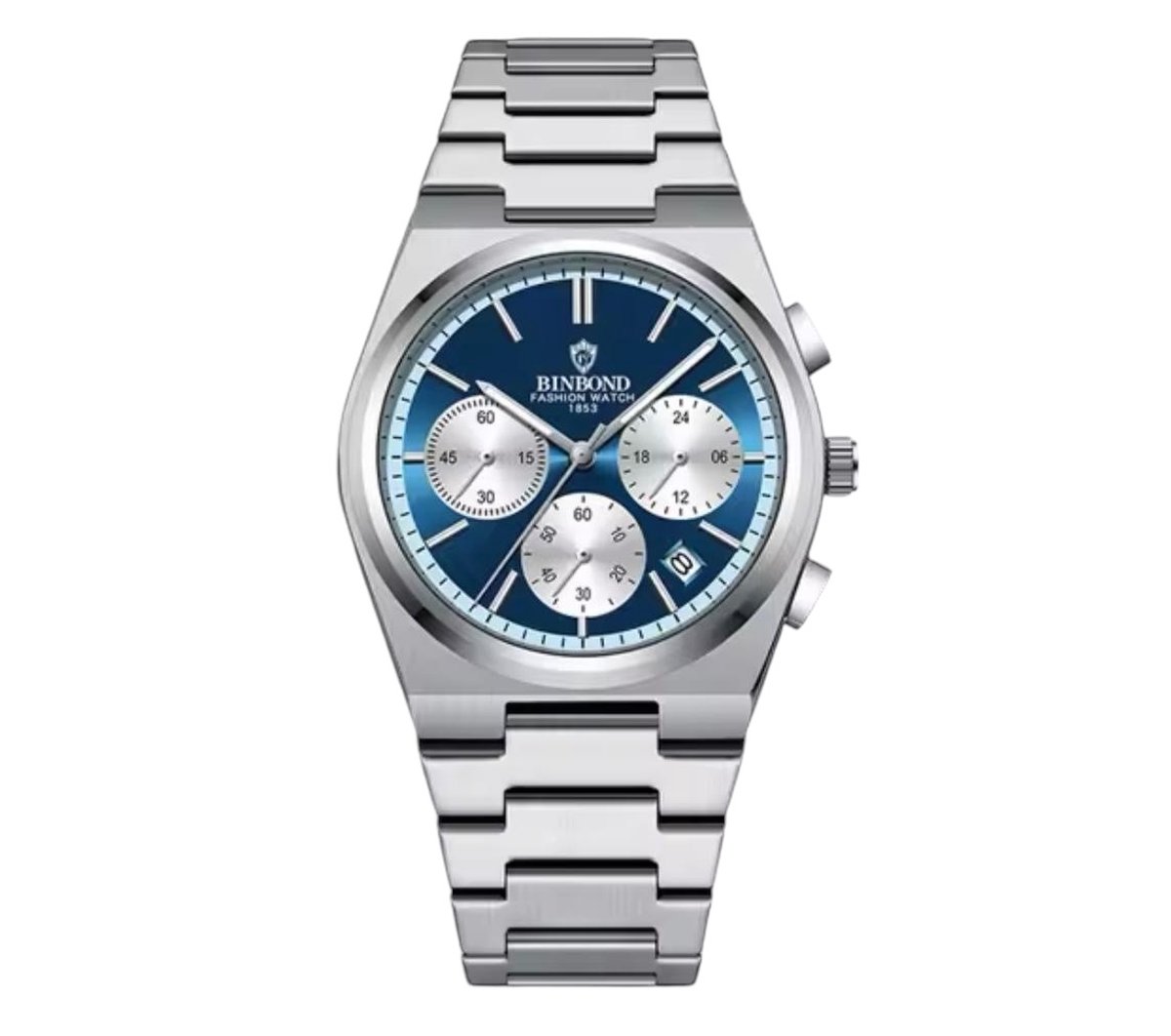 Binbond Luxe Herenhorloge - Mannen - Zilveren Polsband - Zilver en Blauw - Luxe Doos