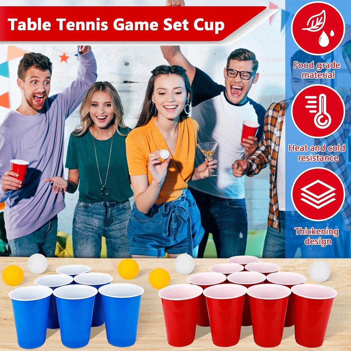 thumbnail: LATERN 100 Stuks Herbruikbare Plastic Bekers (360 Ml) – Bierpong Set Met 4 Kleuren En 10 Pingpongballen