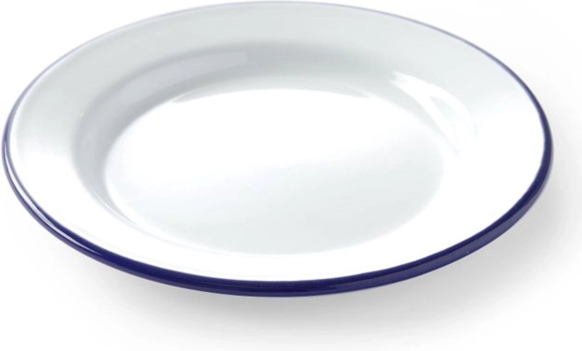 HENDI Plat bord – staal – geëmailleerd wit met blauwe rand – Ø 200 mm – stapelbaar – oven- en vaatwasmachinebestendig
