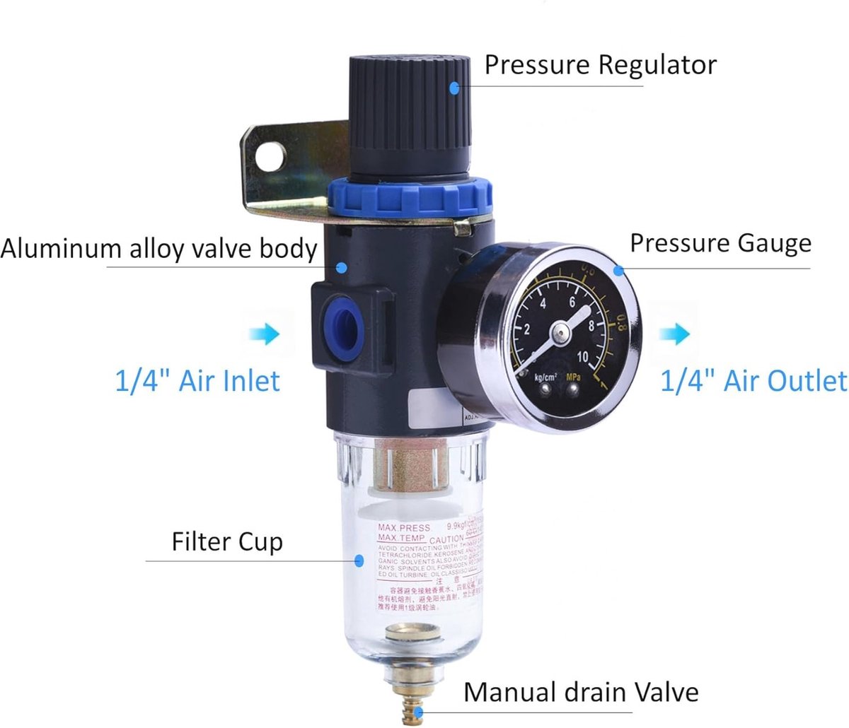 Drukregelaar perslucht: 1/4 inch waterafscheider perslucht drukregelaar met snelkoppelingen en manometer, luchtfilter drukregelaar perslucht onderhoudseenheid accessoires voor luchtgereedschap
