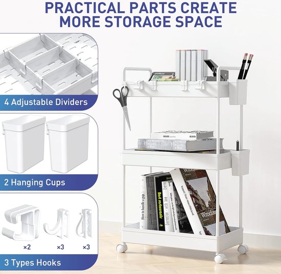 Slanke Rolling Storage Cart, woonkamer slaapkamer organisatie, mobiele schappen unit badkamer organisator Utility Cart voor keuken, wasruimte, smalle plaatsen, wit