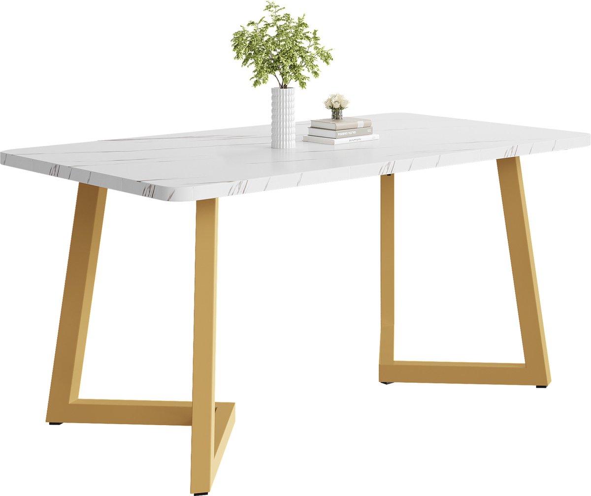 Gutent Eettafel, Goud/Wit , 117x68cm (1-st), MDF, Metalen frame Modern gemarmerde rechthoekige eettafel met metalen poten voor eetkamer Woonkamer, wit