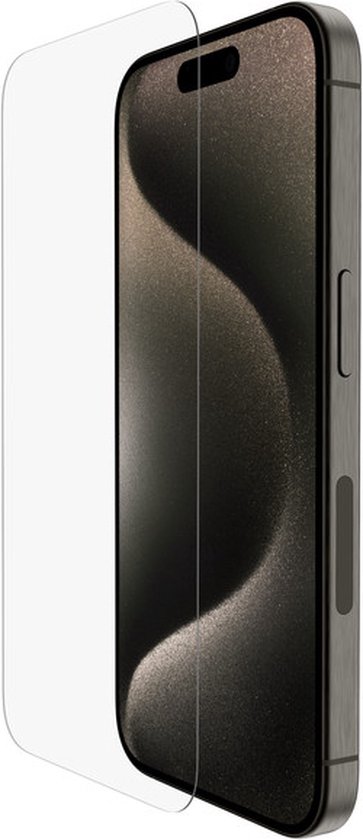 Zij-aanzicht van een iPhone 15 Pro met glazen screenprotector, donkergrijs metaal.