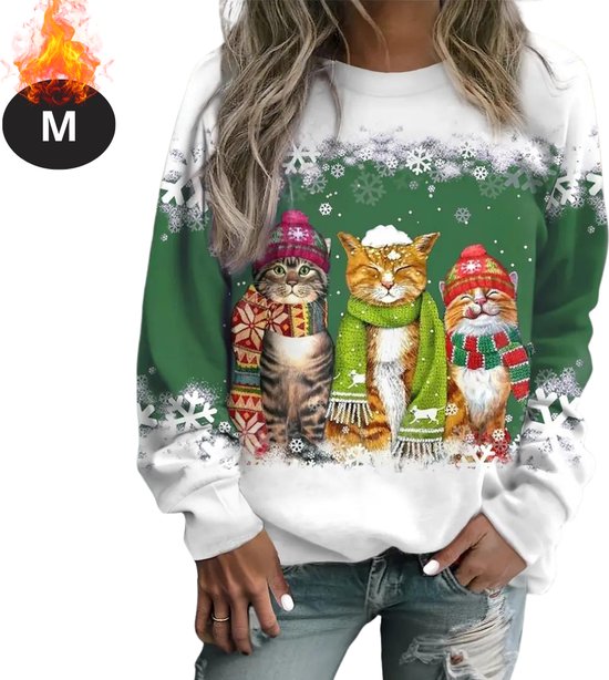 Nivard Kersttrui - Dames - Foute Kersttrui - Christmas Sweater - Kattenprint - Kerst Sweater - Christmas Jumper - Pyjama - Groen - M