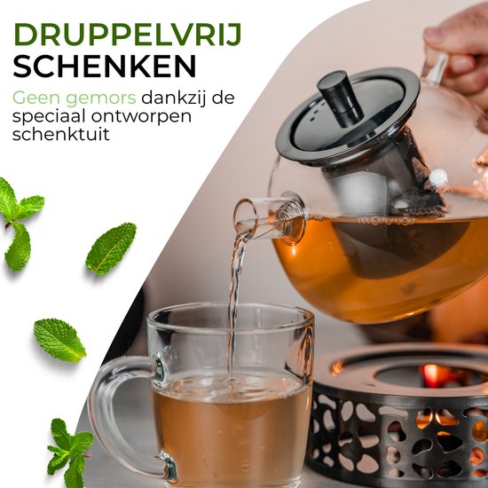 Theepot van 1,6 liter, met stoofje, zilveren theepot, glas, borosilicaatglas met keramische theepot, warmer, theepot met zeef en stoofje, borosilicaatglas, glazen kan voor thuis, café, theemelk