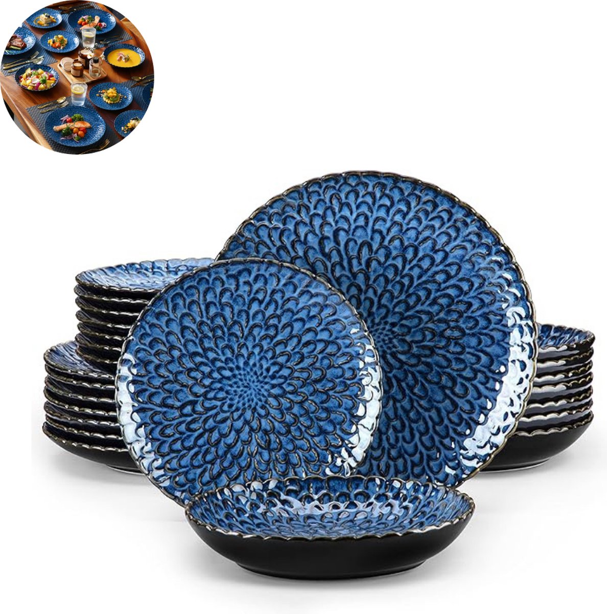 Luxe Serviesset – 24 delig – 8 persoons – Porselein - Bordenset – Dinner platen – Dessertborden - soepplaat - Blauw
