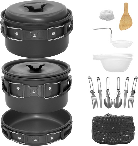 18-delige Campingset - Lichtgewicht Kookset met Pannen, Theepot, Servies & Bestek - Compact & Non-stick van Merkloos — afbeelding 5