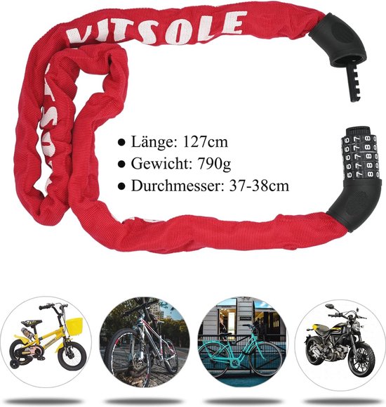 INTEKIN Fietskettingslot van 10 mm gehard staal, 100 cm lang motorslot/ fietsslot, ketting met beugelslot, hoge veiligheid slot voor e-bike, motorfiets, scooter, e-scooter