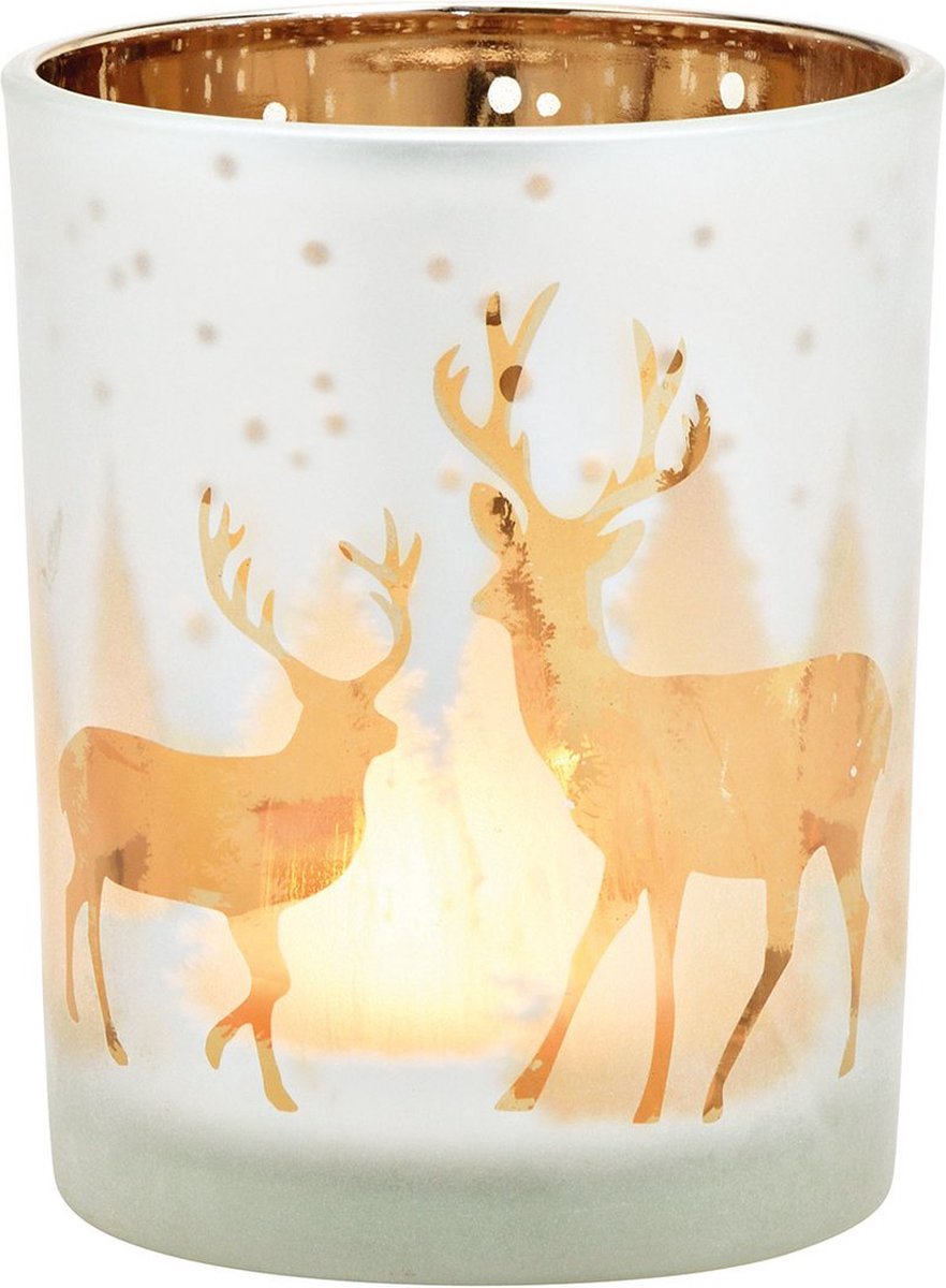 Alinterieur- Kerst - Theelicht met oplichtend hert - Witgoud