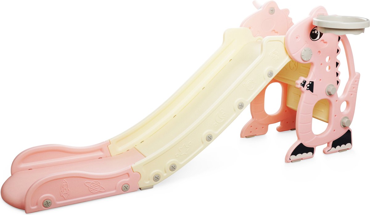 Rockerz Premium Glijbaan - Voor binnen en buiten - Speelplezier gegarandeerd - Opvouwbaar - Veilige dichte trap - Ringen spel - Basketbal ring (inclusief bal) - Muziek beertje - Kleur: Roze — afbeelding 12