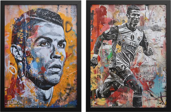 Een set van twee ingelijste posters: een close-up portret van Cristiano Ronaldo en een afbeelding van hem in actie tijdens een voetbalwedstrijd, beide met een kleurrijke graffiti-achtergrond.
