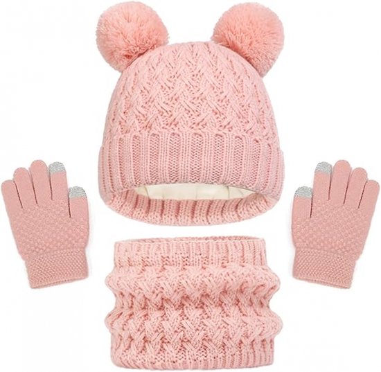 roze - Sjaal en handschoenen Hoed 3-delige set, kinderen gebreide warme nekwarmer muts touchscreen handschoenen, winteraccessoires voor meisjes jongens 2-8 jaar oud skiën buitenactiviteit
