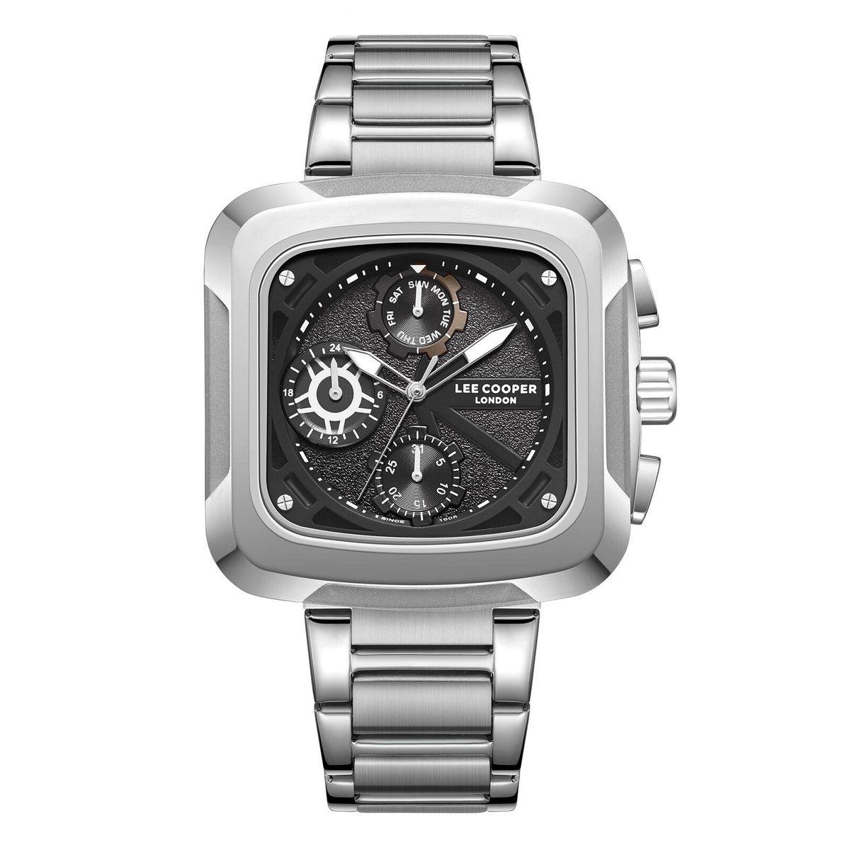 Lee Cooper LC08013.350 - Horloge - Polshorloge - Analoog - Heren - Mannen - stalen band - Metaal - Overig - Stippen-Cijfers - Datumaanduiding - Chronograaf - 12-24H - Zilverkleurig - Zwart