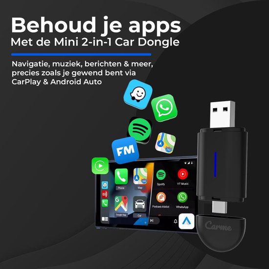 CarMe Mini 2-in-1 CarPlay Dongle - USB-A & USB-C - Draadloos CarPlay & Android Auto - Android Auto Dongle - Zwart