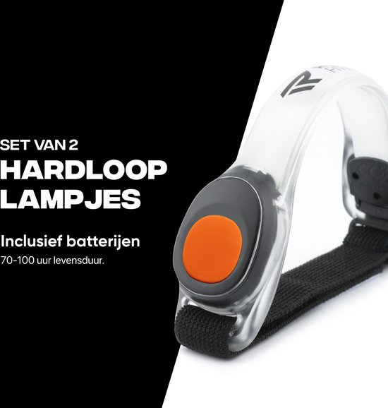 Rockerz Hardloop lampjes, set van 2, met oranje knop en tekst.