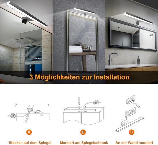 ACMHNC Bathroom Mirror Light, 40 cm, LED Wall Light for Bathroom with Switch, Dimmable, Touchscreen, 3000 K / 4000 K 6000 K, IP44, 14 W, Modern, Black, Matt, No Flickering ACMHNC Bathroom Mirror Light, 40 cm, LED Wall Light for Bathroom with Switch, Dimmable, Touchscreen, 3000 K / 4000 K 6000 K, IP44, 14 W, Modern, Black, Matt, No Flickering