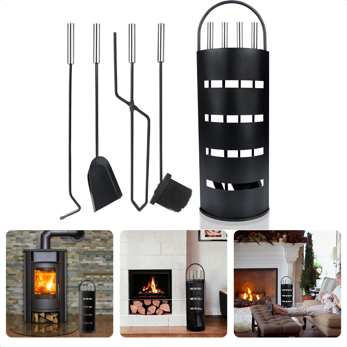 Luxe Haardset - Openhaardset RVS Zwart - Luxe Haardgereedschap - Openhaard Set - Haardstel - Haardset Voor Houtkachel - Mat Zwart - Inclusief EBOOK