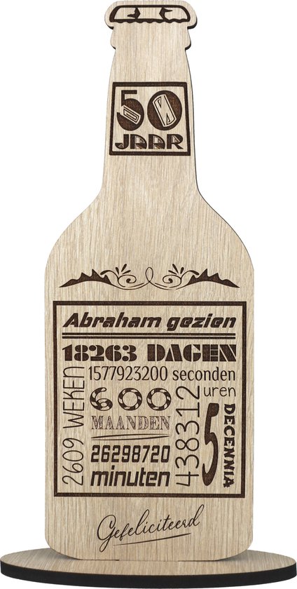 Abraham gezien - 50 jaar man - houten wenskaart - cadeau verjaardag 50 - kaart van hout - 10.5 x 29 cm