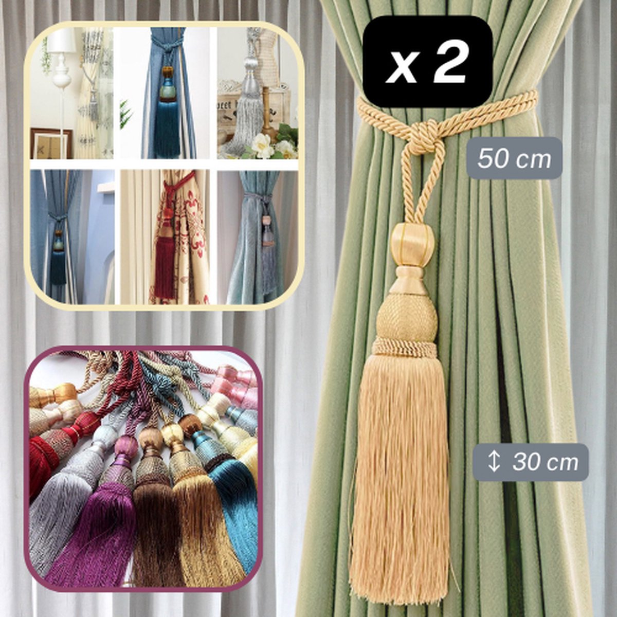 1 PAAR LUXE GORDIJNHOUDERS/EMBRASSES GORDIJN, GORDIJNKOORD om te Knopen, Lengte 50CM, Lengte FLOCHE/TASSEL 30CM, Kleur LICHTGOUD