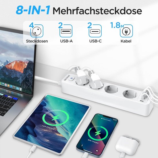 Hoekcontactdoos met 2 USB en 2 USB C, 4-voudige stekkerdoos met schakelaar, 8-in-1 overspanningsbeveiliging met 2 m kabel, bureaustopcontact, keukenstopcontact, wandmontage, wit