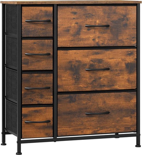 Ladekast met 7 stoffen laden, anti-kantelconstructie, MDF, bruin (98x29x85 cm