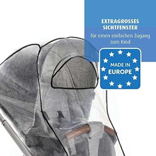 Close-up van een kinderwagen regenhoes met een groot kijkvenster en 'Made in Europe' icoon.