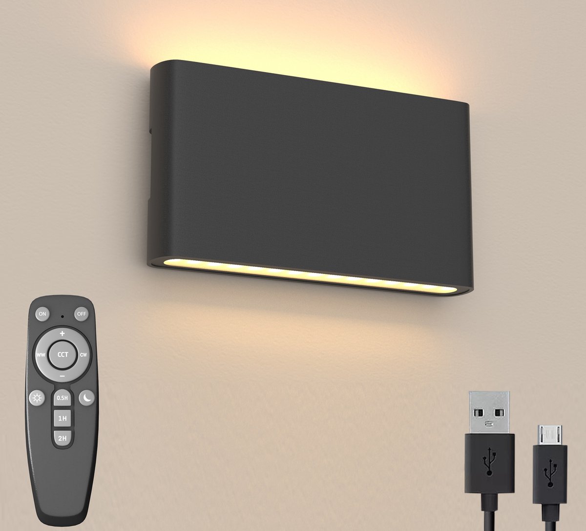 Luminize Oplaadbare wandlamp op batterijen - Draadloos & Dimbaar - Met afstandsbediening - 18x9cm - 2700K - Wandlamp op accu