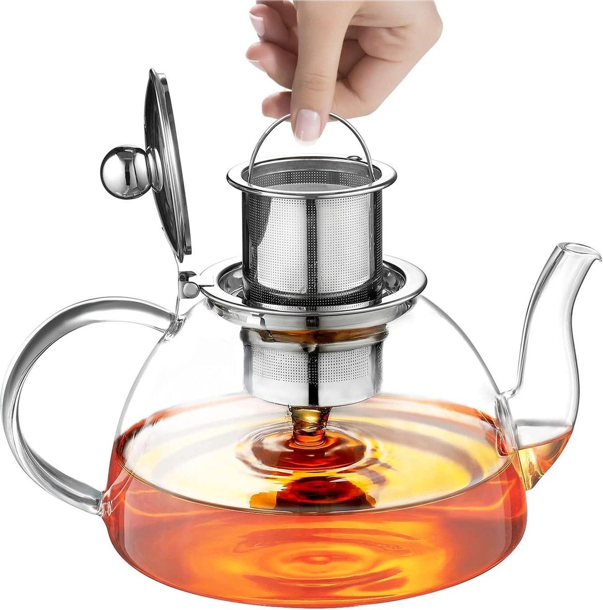 Théière Borosilicate Théière Verre 1,1L Avec - Résistante à La Chaleur (-30°C à 150°C) - Idéale Thé Chaud & Glacé Filtre Inox Amovible