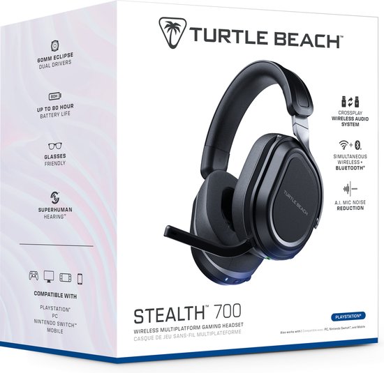 Verpakking van de zwarte Turtle Beach Stealth 700 Gen 3 gaming headset met productinformatie en logo's.