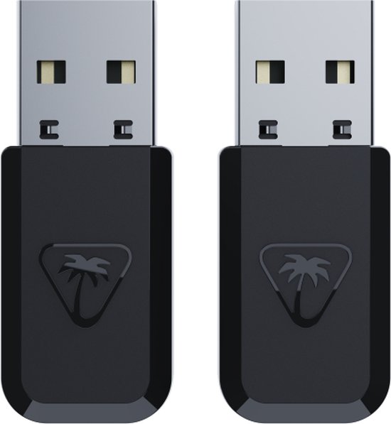 Twee zwarte USB-dongles met het Turtle Beach palmboomlogo, op zwarte achtergrond.