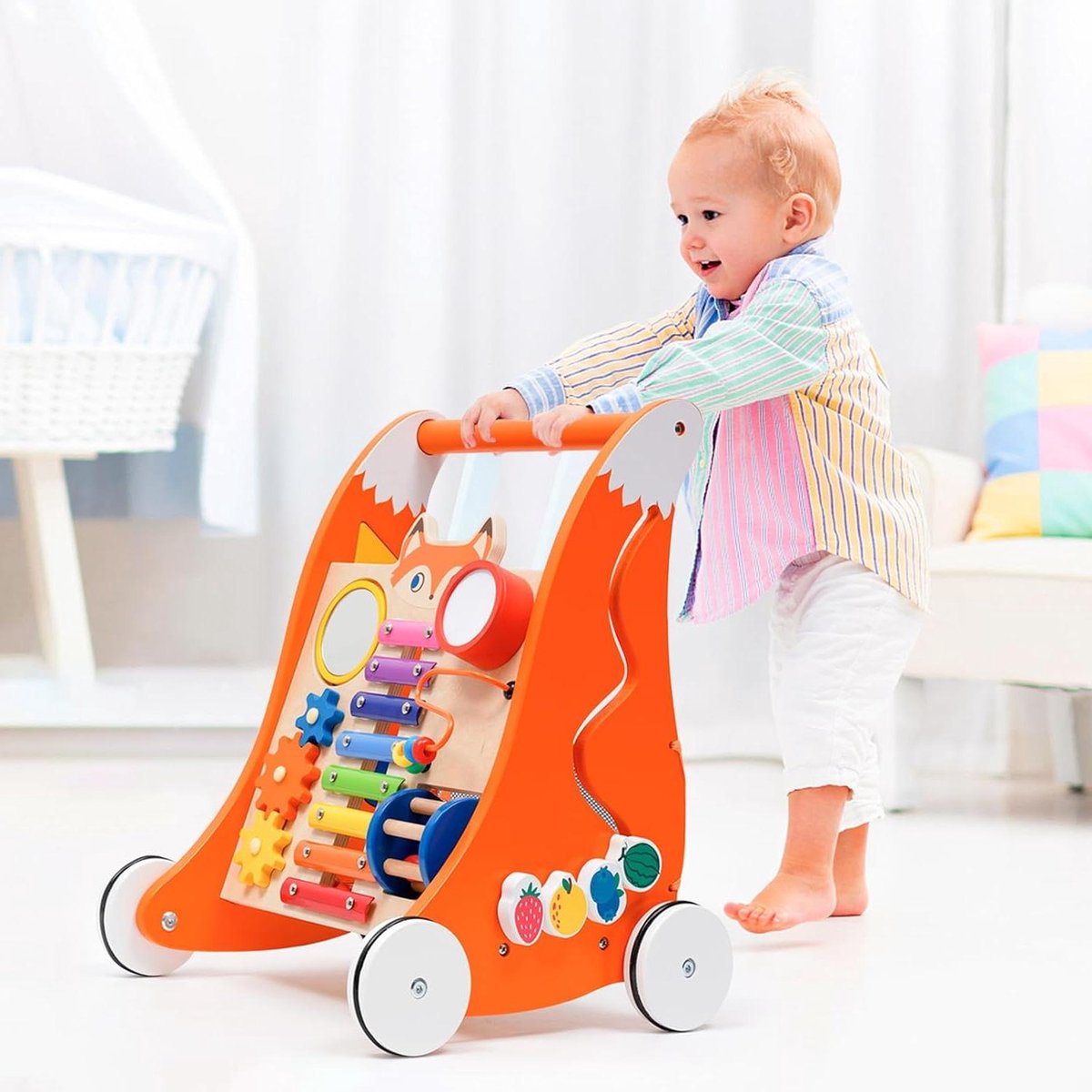 Houten babywalker met opbergdoos en Montessori-spelletjes Anti-slip loopwagen voor baby's vanaf 6 maanden Cadeaus voor jongens en meisjes