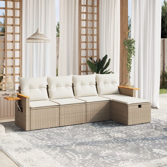 VidaXL Tuinbank Zonder Armleuning Met Kussens Poly Rattan Beige | Comfortabele Loungeset Bank
