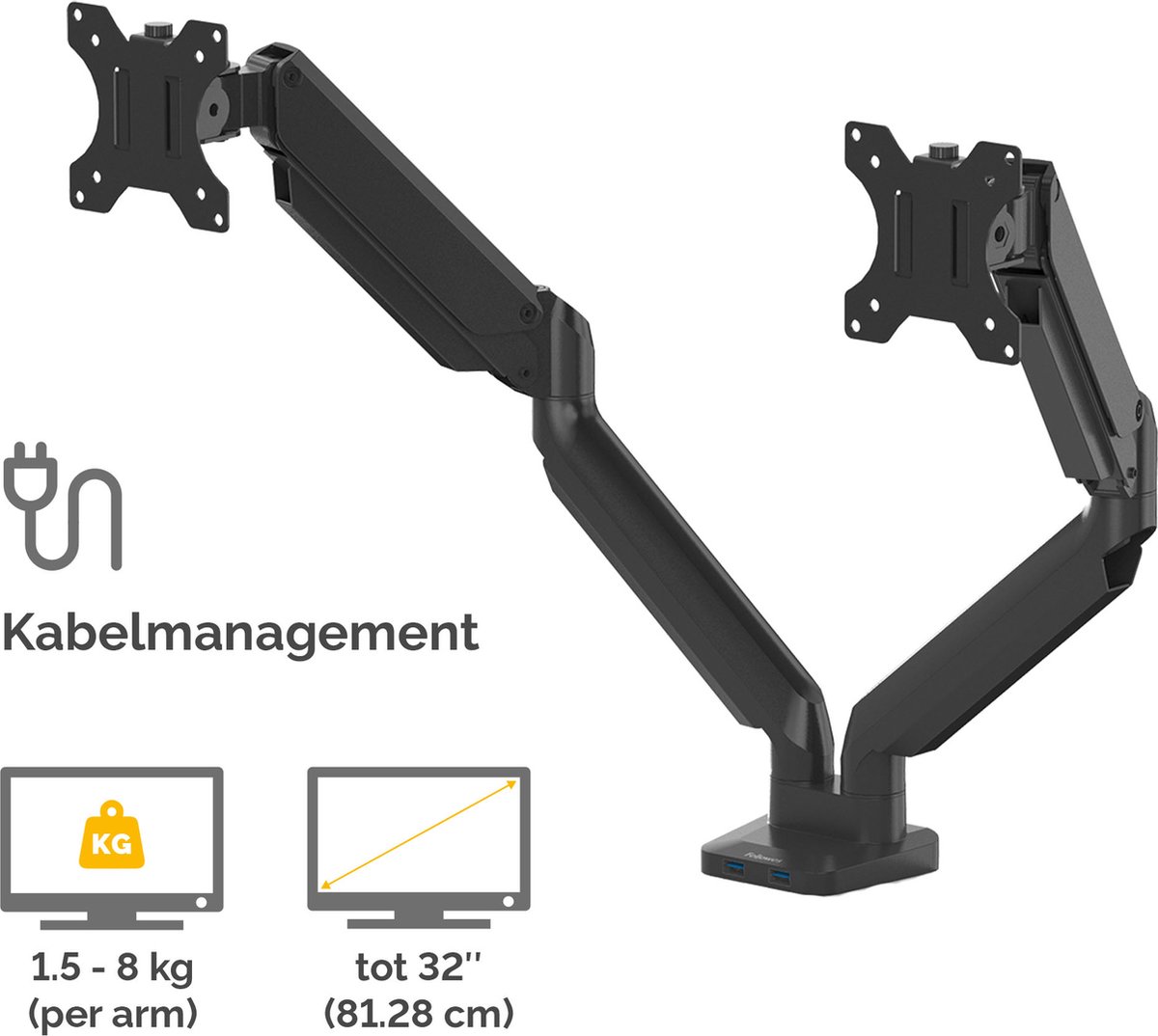 Fellowes Platinum Dubbele Monitorarm – Zwart thumbnail 4