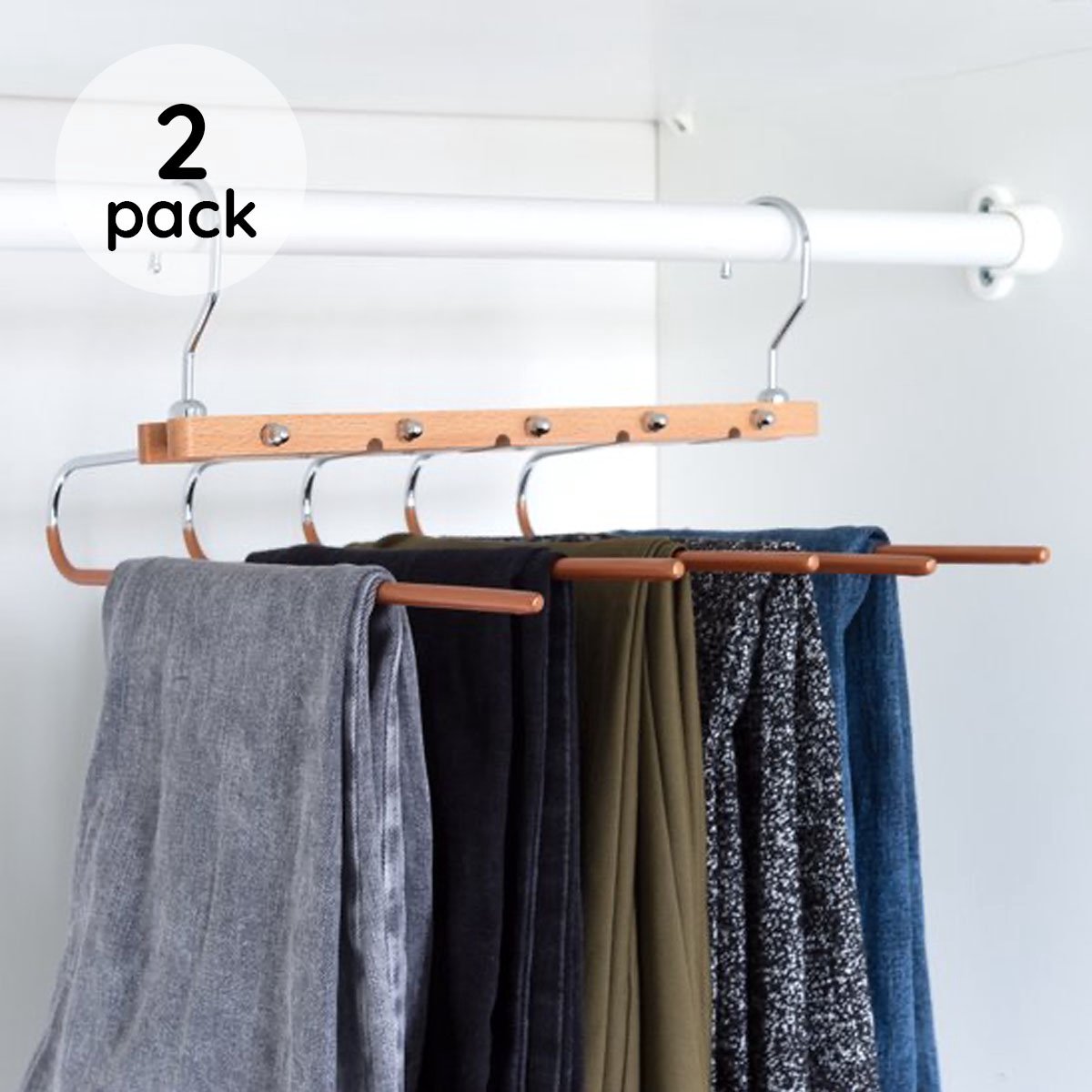 Luxe broekhangers 5in1 - Kledinghanger - 2 Stuks - Kast organiser - Pantalonhanger - Ruimtebesparend - Voor 5 broeken tegelijk - Hout