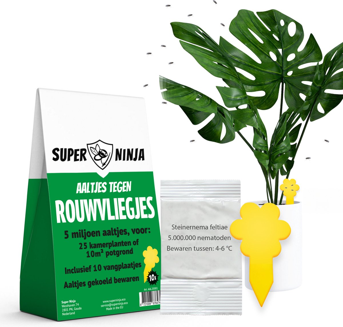 Super Ninja Combipakket Tegen Rouwvliegjes Bestrijden - 5 Miljoen Aaltjes & 10 Gele Sticky Vallen - Complete Biologische Bestrijding voor Binnen op Prijzenvolger.com