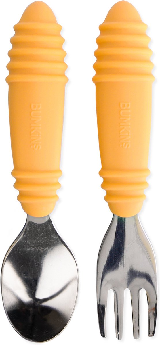 Goedkoopste Bumkins - kinderbestek 2-delig, lepel en vork - rvs en siliconen - oranje