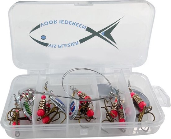 Gedetailleerde foto van een vis aas set in een doorzichtige box. Verschillende spinners met rode kraaltjes en haken.