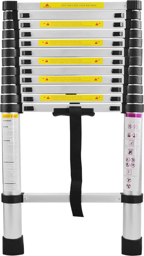Yakimz Telescopische vouwladder, 5 m, 2,5 m 2,5 m, aluminium ladder, uittrekbare multifunctionele ladder, 150 kg belastbaarheid, voor binnen en buiten, zilver, bevat ijzeren delen wielen