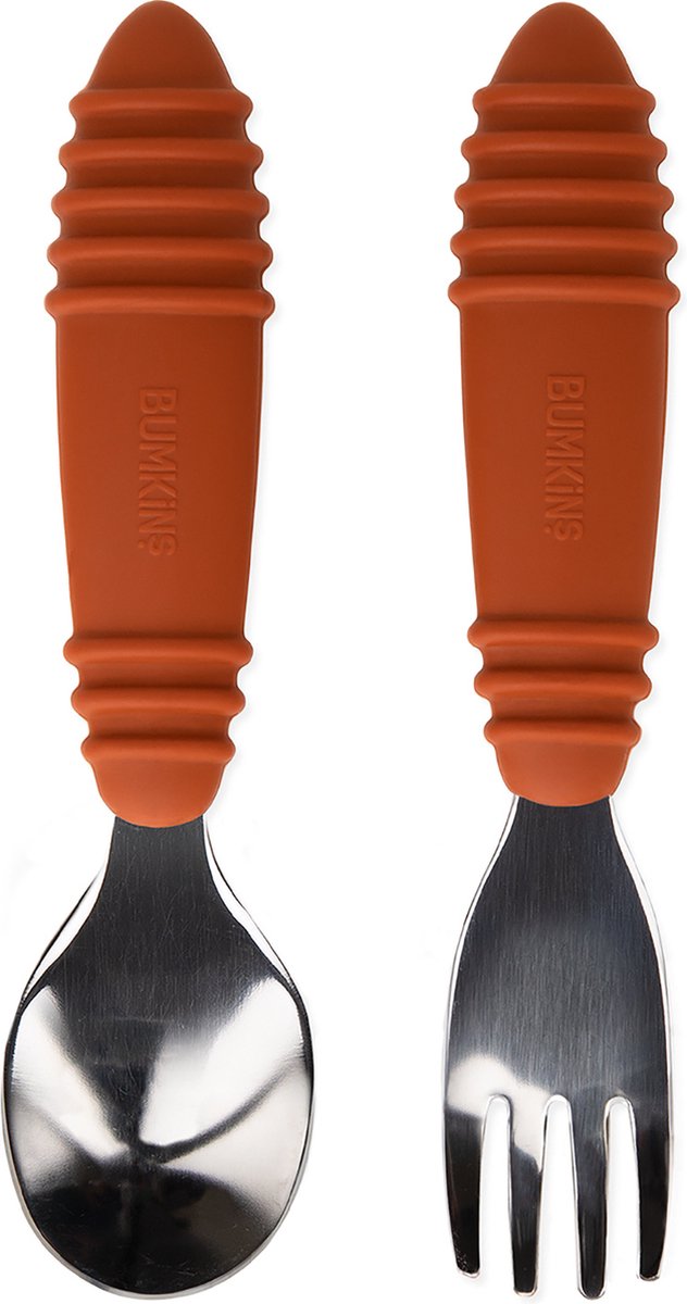 Goedkoopste Bumkins - kinderbestek 2-delig, lepel en vork - rvs en siliconen - klei