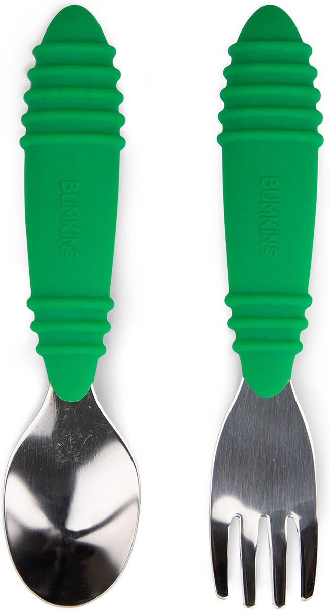 Goedkoopste Bumkins - kinderbestek 2-delig, lepel en vork - rvs en siliconen - jade
