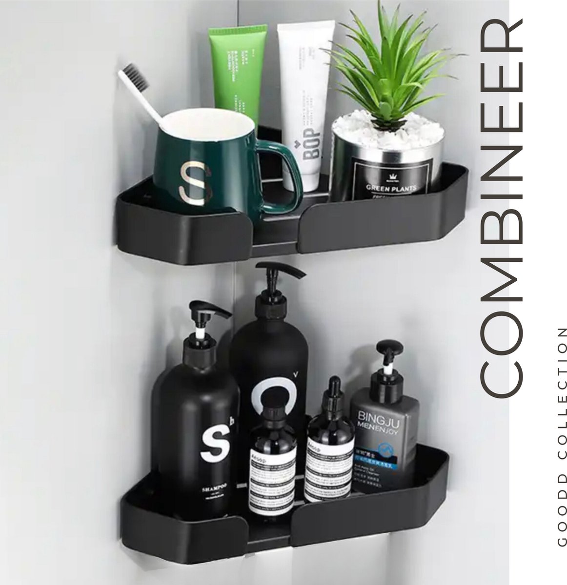 GOODD® - Doucherek - Doucherek hangend - 2 stuks - Doucherekjes - Plakken of Boren - Zwart