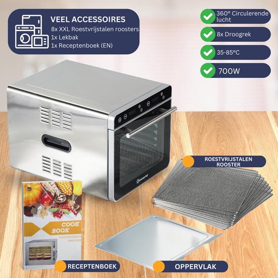 Voedseldroger van roestvrij staal, 700 W, 6 etages